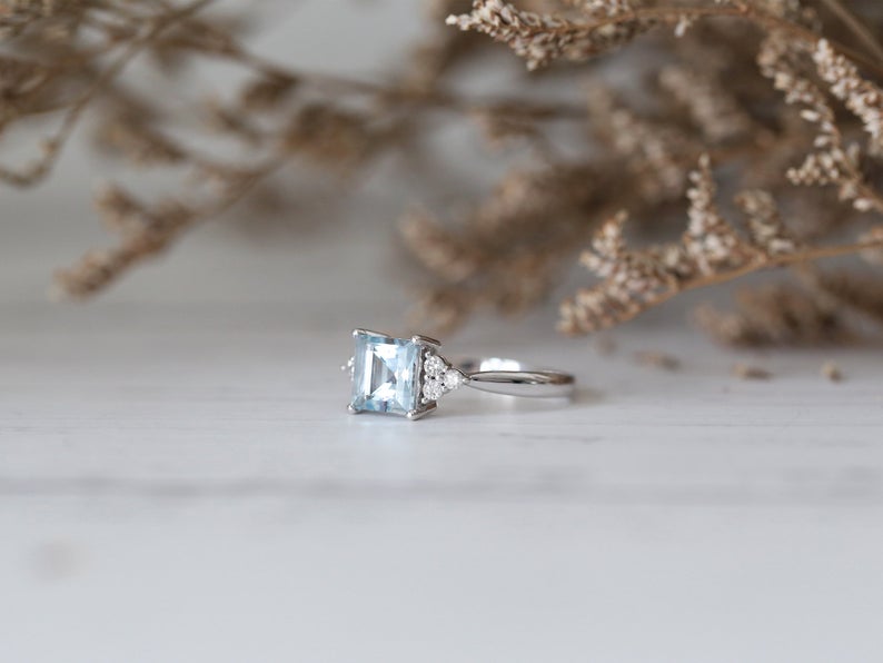 1 CT Princess Cut Aquamarine Diamond 925 Sterling Silver Solitaire with Accents Ring