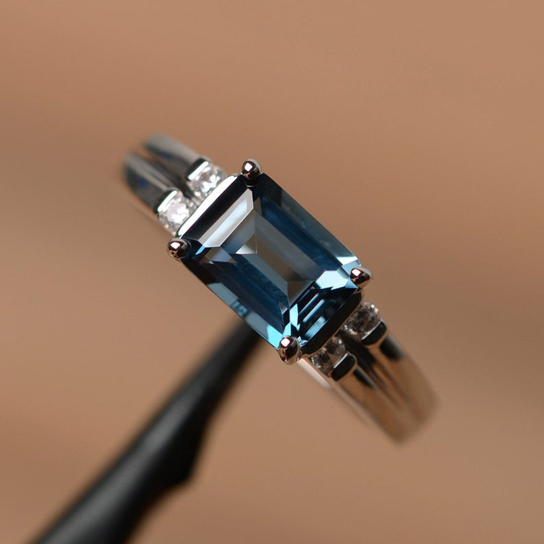 1.20 Ct Emerald Cut London Blue Topaz 925 Sterling Silver Solitaire December Birthstone Ring