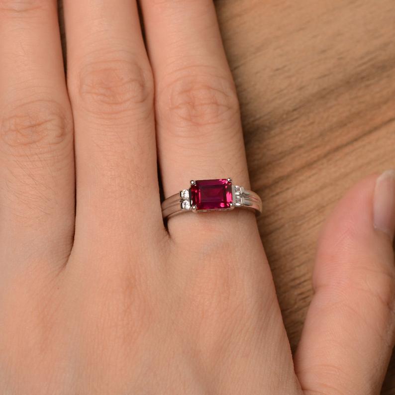 1.20 Ct Emerald Cut Red Ruby Solitaire W/Accents July Birthstone Ring In 925 Sterling Silver