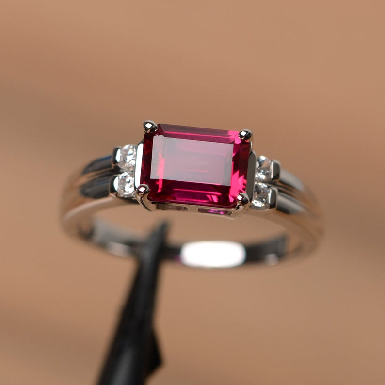 1.20 Ct Emerald Cut Red Ruby Diamond 925 Sterling Silver Solitaire W/Accents Ring