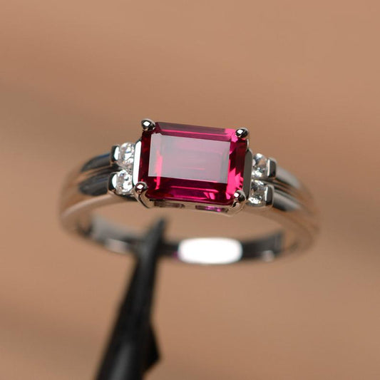 1.20 Ct Emerald Cut Red Ruby Solitaire W/Accents July Birthstone Ring In 925 Sterling Silver