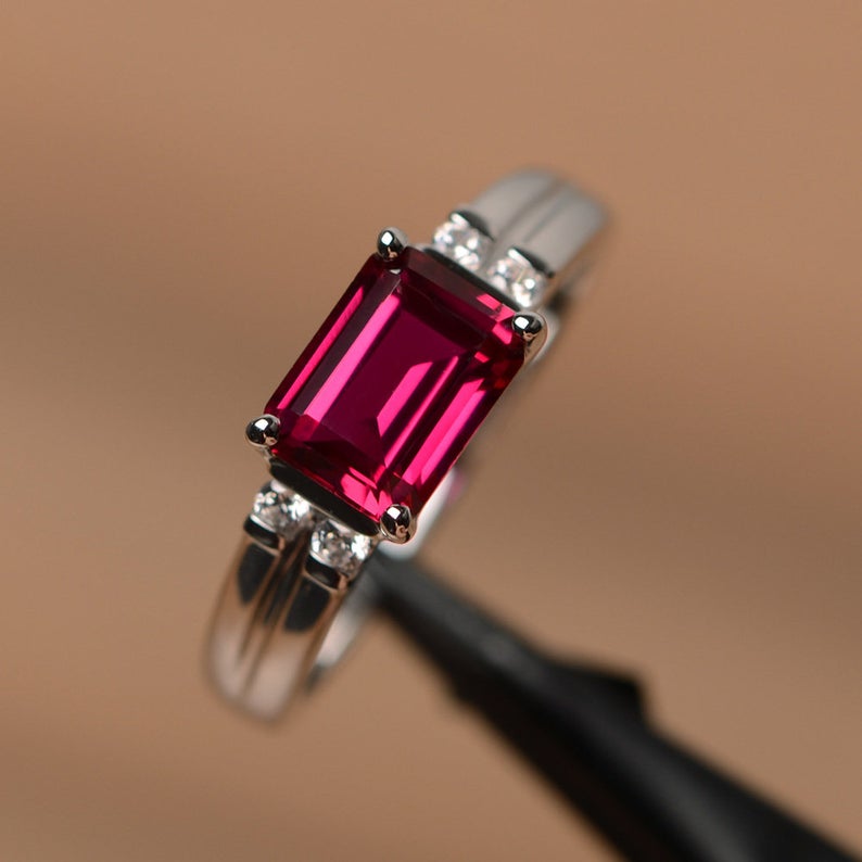 925 Sterling Silver 1.20 Ct Emerald Cut Red Ruby Solitaire W/Accents July Birthstone Ring