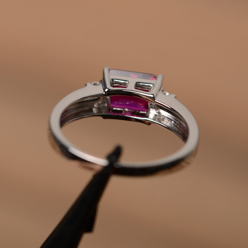 925 Sterling Silver 1.20 Ct Emerald Cut Red Ruby Solitaire W/Accents July Birthstone Ring