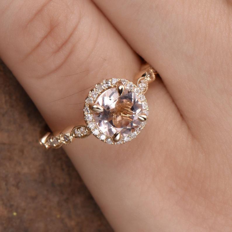 1 CT Round Cut Pink Morganite Diamond Rose Gold Over On 925 Sterling Silver Halo Wedding Ring