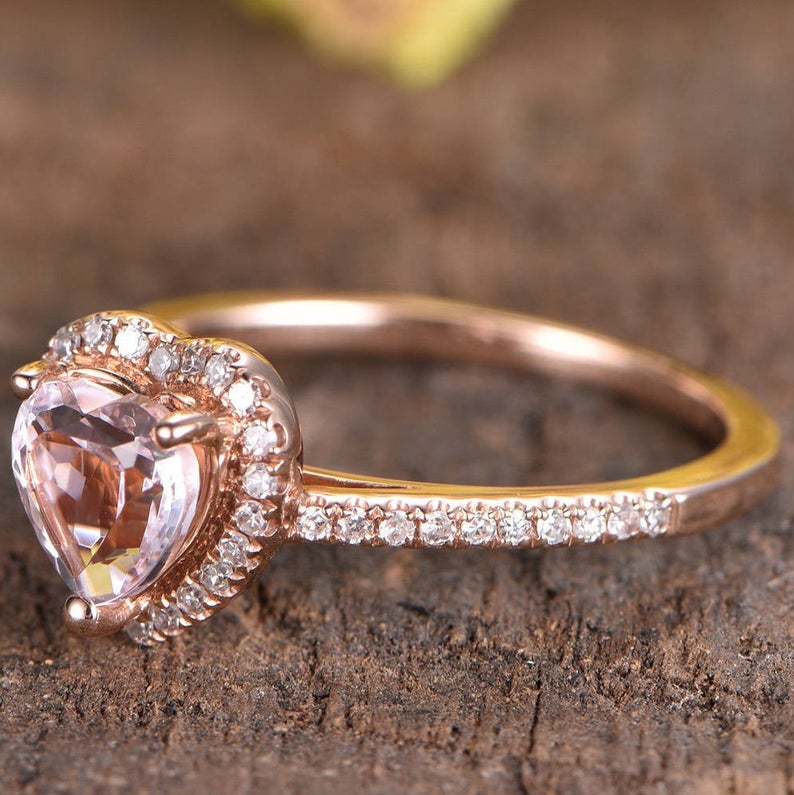 1.50 Ct Heart Cut Pink Morganite Rose Gold Over On 925 Sterling Silver Halo Engagement Ring