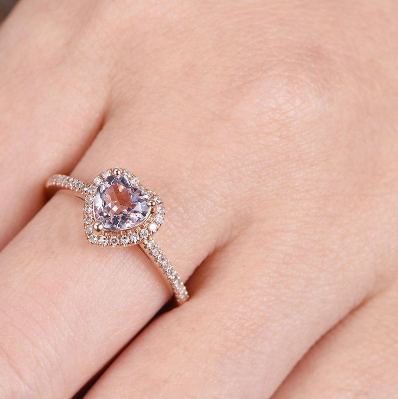 1.50 Ct Heart Cut Pink Morganite Rose Gold Over On 925 Sterling Silver Halo Engagement Ring
