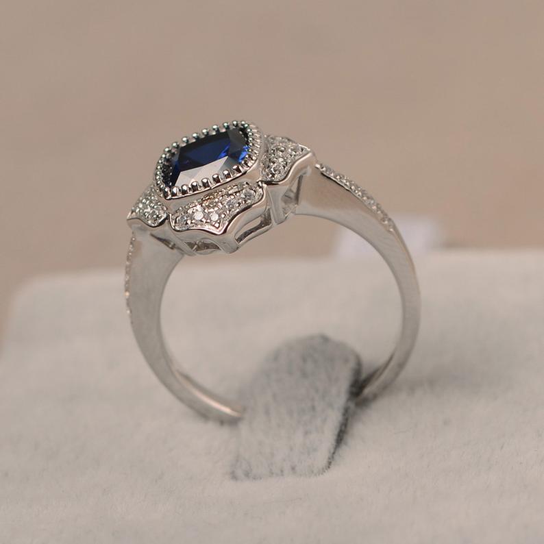 1.35 CT Cushion Cut  Blue Sapphire 925 Sterling Silver Floral Engagement Ring