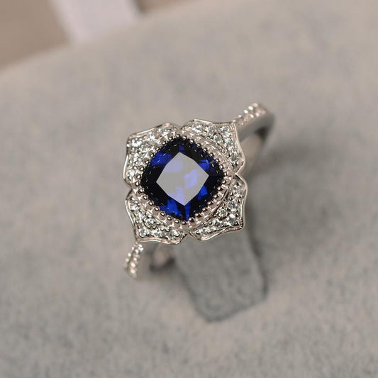 1.35 CT Cushion Cut  Blue Sapphire 925 Sterling Silver Floral Engagement Ring
