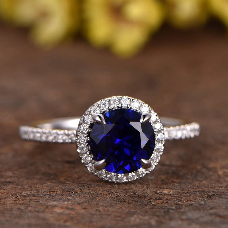 1.50 Ct Round Blue Sapphire & White Cz Halo Engagement Ring In 925 Sterling Silver