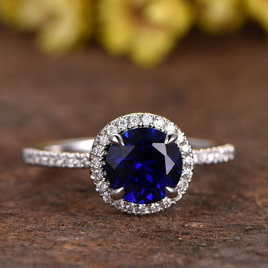 1.50 Ct Round Blue Sapphire & White Cz Halo Engagement Ring In 925 Sterling Silver