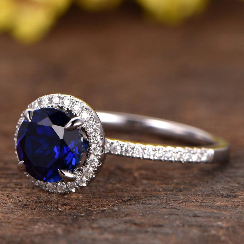 1.50 Ct Round Blue Sapphire & White Cz Halo Engagement Ring In 925 Sterling Silver