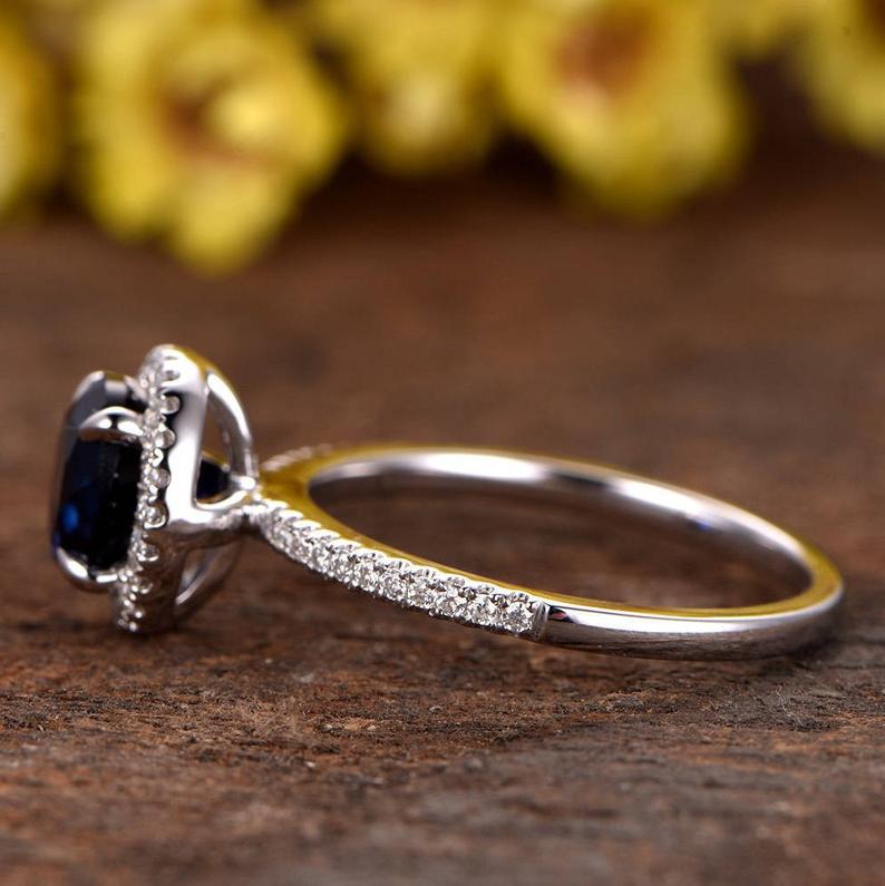 1.50 Ct Round Blue Sapphire & White Cz Halo Engagement Ring In 925 Sterling Silver
