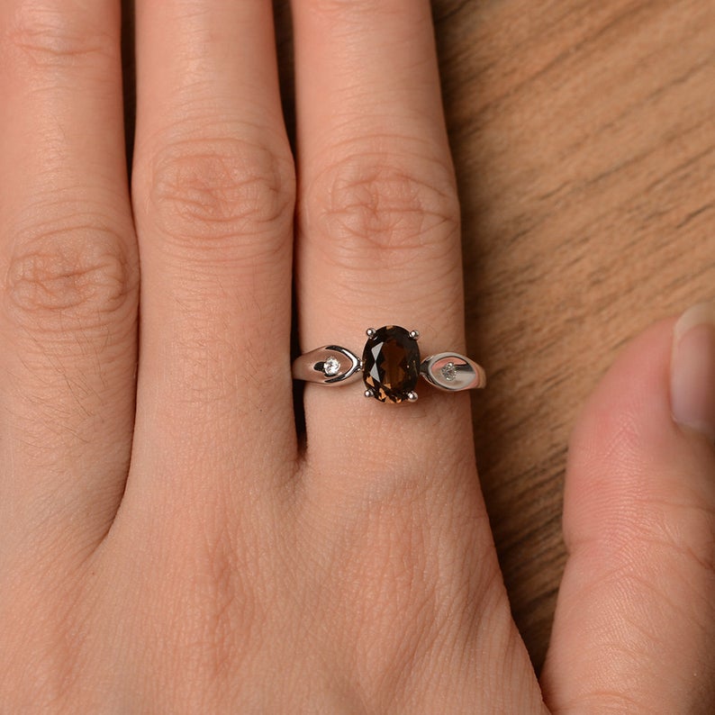 1.20 Ct Oval Cut Smoky Quartz Solitaire W/Accents Promise Gift Ring In 925 Sterling Silver