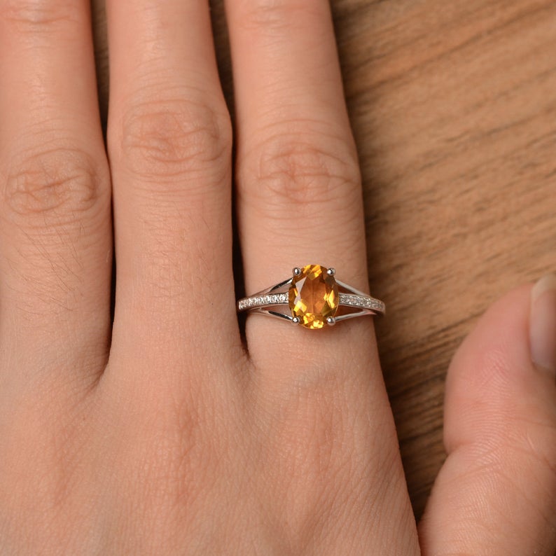 1.25 Ct Oval Cut Yellow Citrine 925 Sterling Silver Solitaire W/Accents November Birthstone Ring