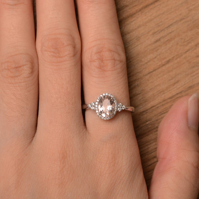 1 CT Oval Cut Morganite Diamond White Gold Over On 925 Sterling Silver Engagement Halo Ring
