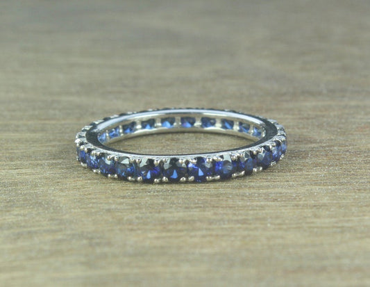 0.75 CT Round Cut Blue Sapphire Diamond 925 Sterling Silver Full Eternity Band Ring