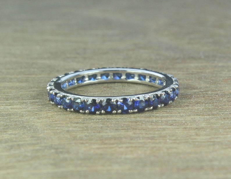 0.75 CT Round Cut Blue Sapphire Diamond 925 Sterling Silver Full Eternity Band Ring