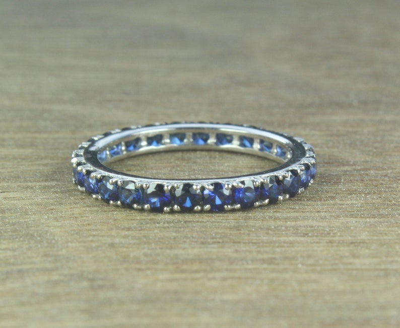 0.75 CT Round Cut Blue Sapphire Diamond 925 Sterling Silver Full Eternity Band Ring