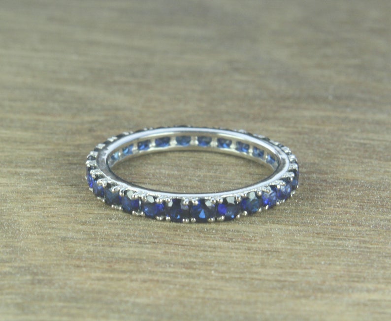 0.75 CT Round Cut Blue Sapphire Diamond 925 Sterling Silver Full Eternity Band Ring