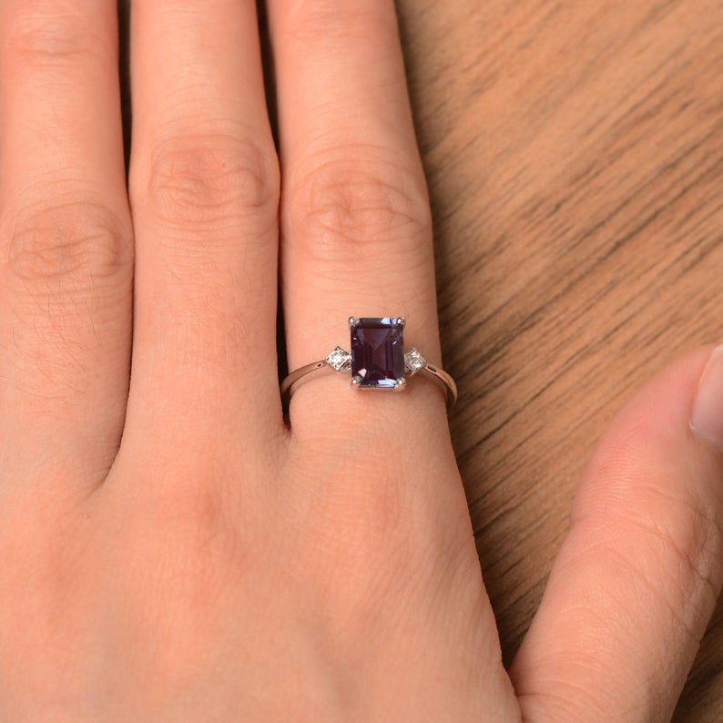 2 Ct Emerald Cut Alexandrite 925 Sterling Silver June Birthstone Engagement Ring