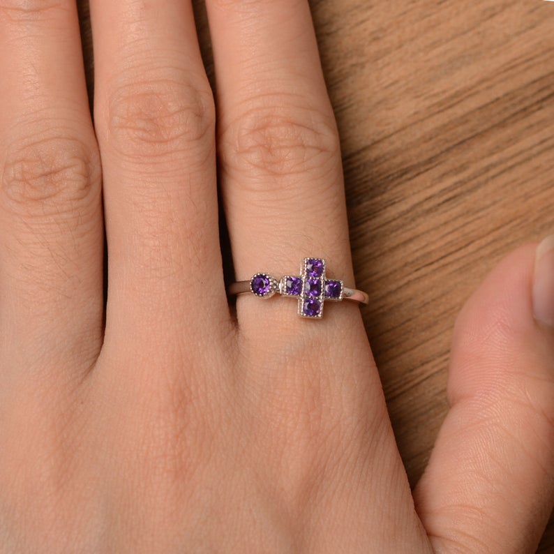 1.50 Ct Round Cut Purple Amethyst 925 Sterling Silver Cross Promise Gift Ring