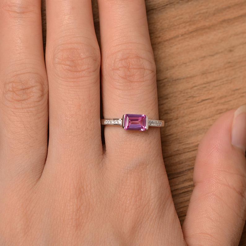 1.25 Ct Emerald Cut Pink Sapphire Bezel Set Pretty Engagement Ring In 925 Sterling Silver