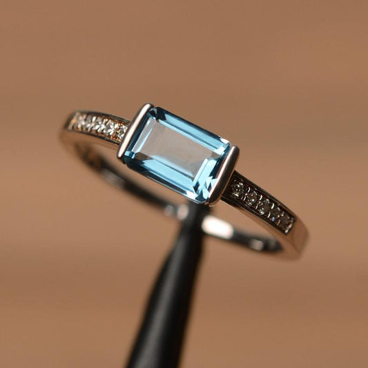 1 CT Emerald Cut London Blue Topaz Solitaire W/Accents Ring In 925 Sterling Silver