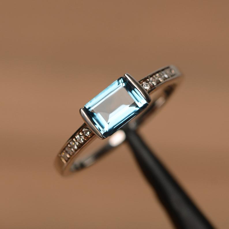 1 CT Emerald Cut London Blue Topaz Solitaire W/Accents Ring In 925 Sterling Silver