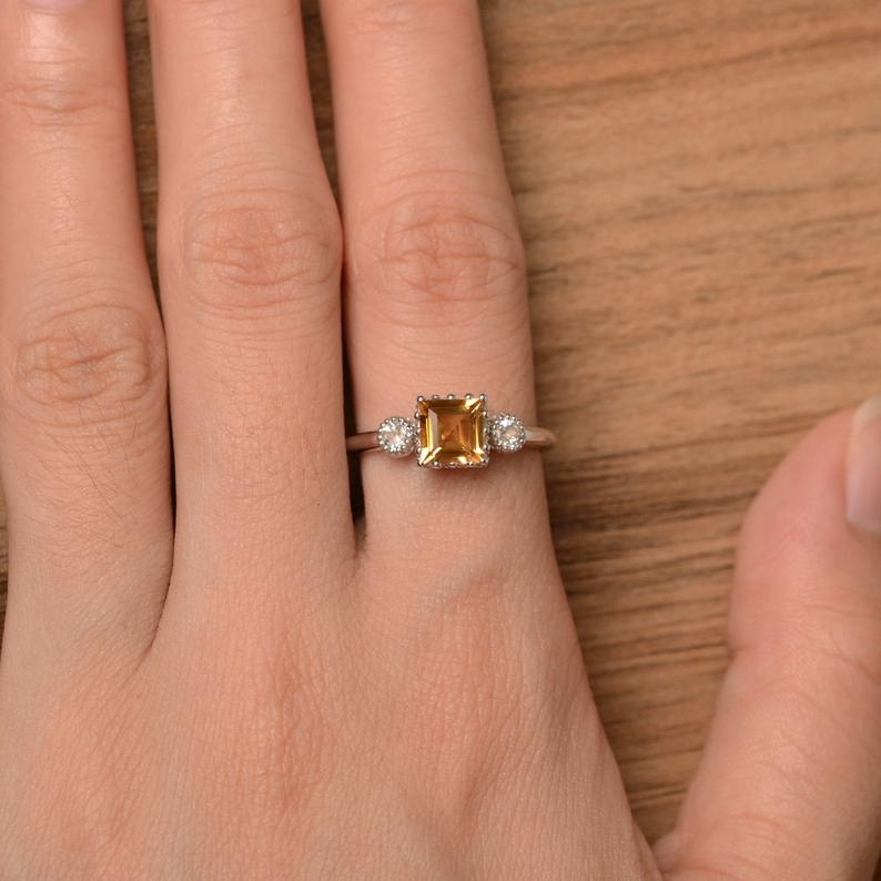 1.50 Ct Princess Cut Yellow Citrine & Round CZ Three-Stone Promise Ring  In 925 Sterling Silver
