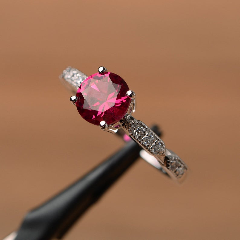 1.20 Ct Round Cut Red Ruby 925 Sterling Silver Solitaire W/Accents Engagement ring