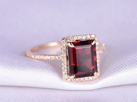 2 CT Emerald Cut Garnet Diamond 925 Sterling Silver Women's Halo Wedding Ring
