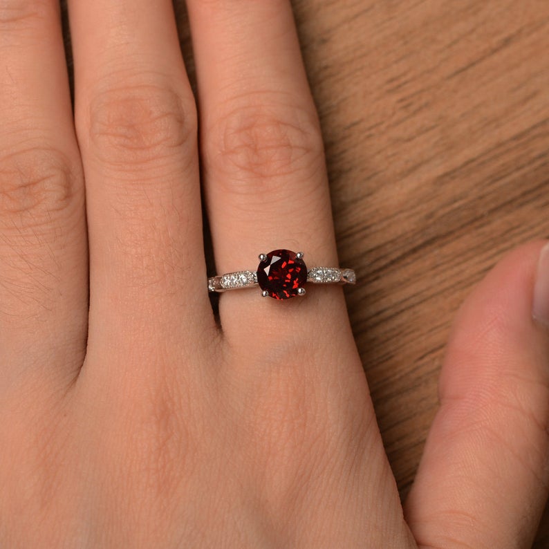 1.25 Ct Round Cut Red Garnet & Round Cz 925 Sterling Silver Solitaire W/Accents Ring For Her