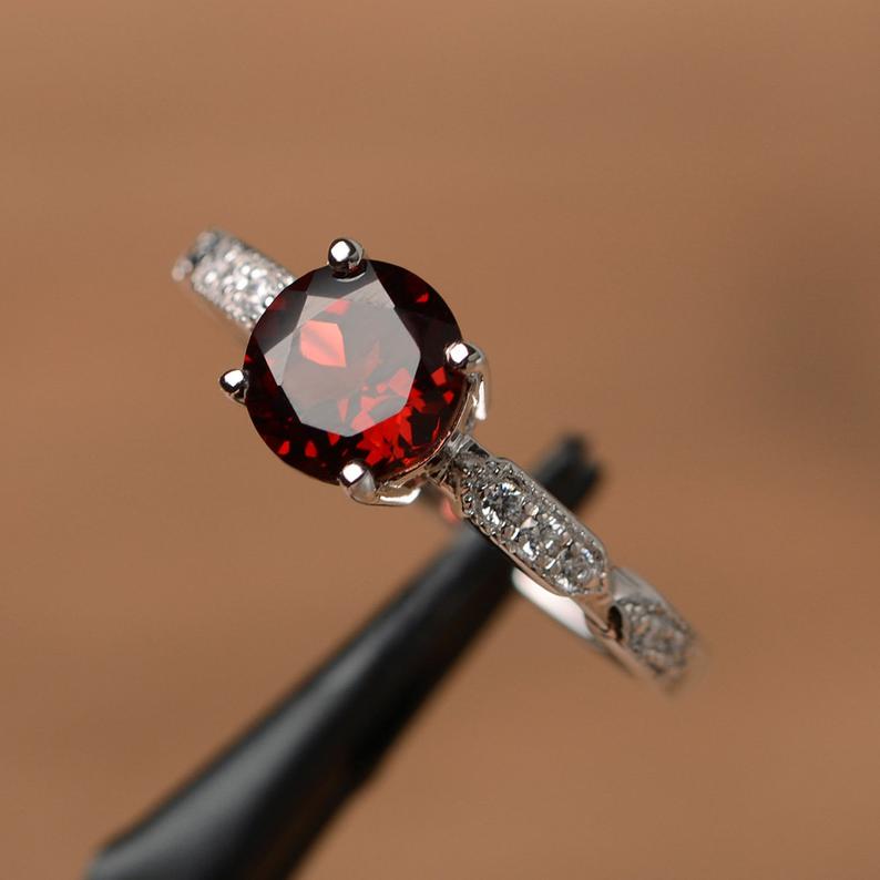 1.25 Ct Round Cut Red Garnet & Round Cz 925 Sterling Silver Solitaire W/Accents Ring For Her
