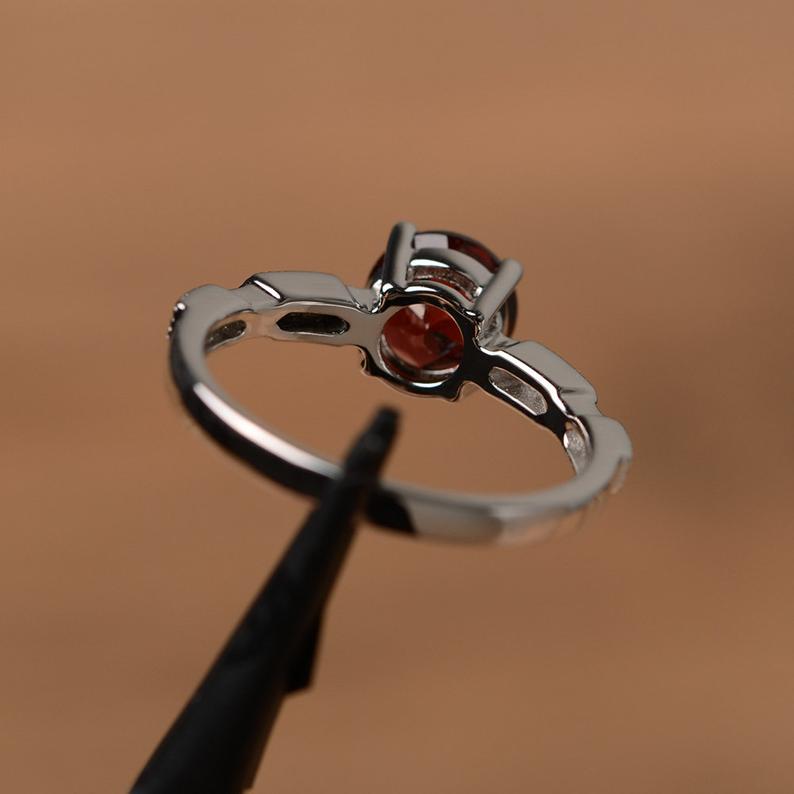 1.25 Ct Round Cut Red Garnet & Round Cz 925 Sterling Silver Solitaire W/Accents Ring For Her
