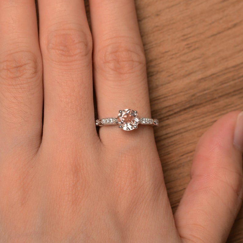 1.20 Ct Round Cut Peach Morganite 925 Sterling Silver Solitaire W/Accents Engagement Ring