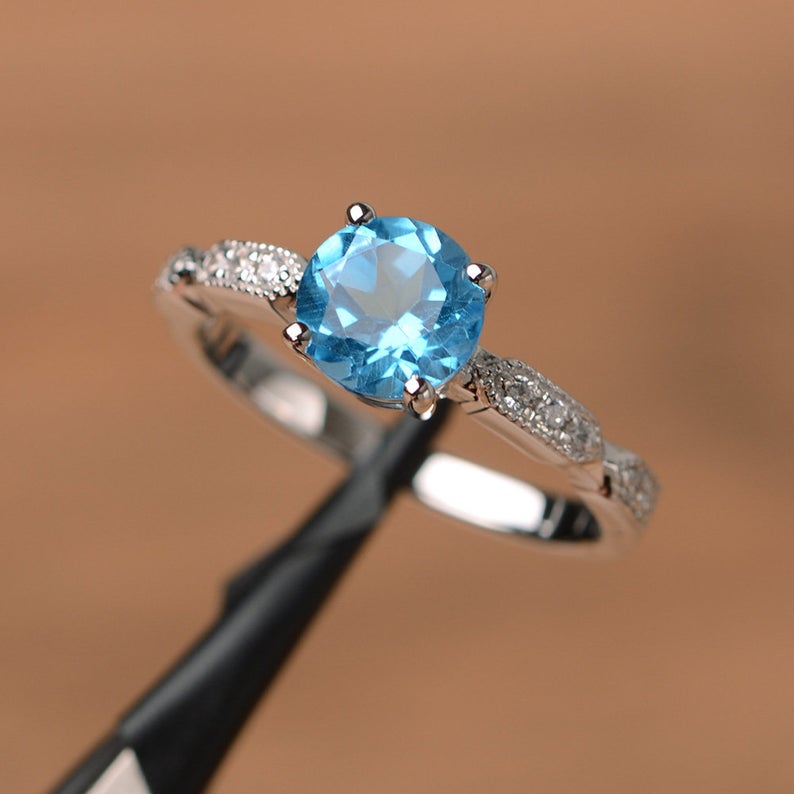 1.25 Ct Round Cut Blue Topaz 925 Sterling Silver Solitaire W/Accents Anniversary Gift Ring For Her
