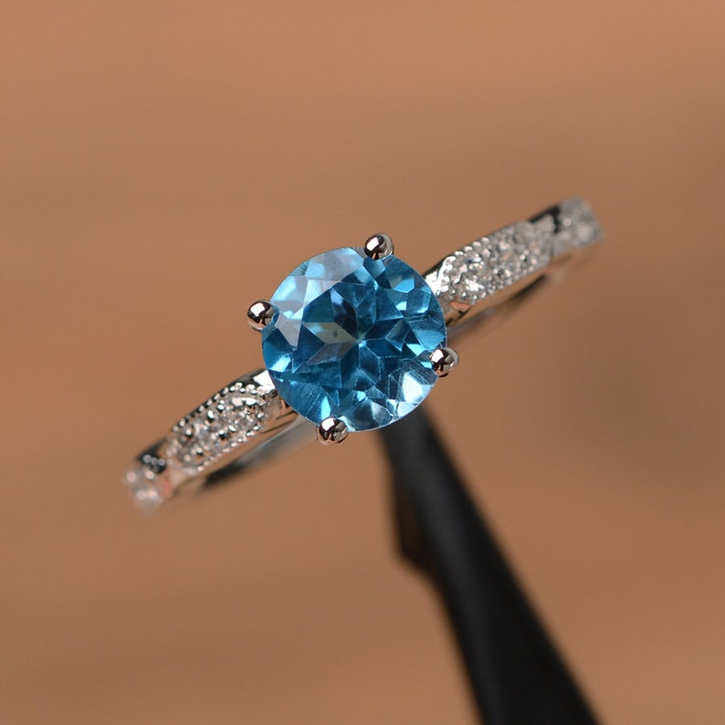 1.25 Ct Round Cut Blue Topaz 925 Sterling Silver Solitaire W/Accents Anniversary Gift Ring For Her
