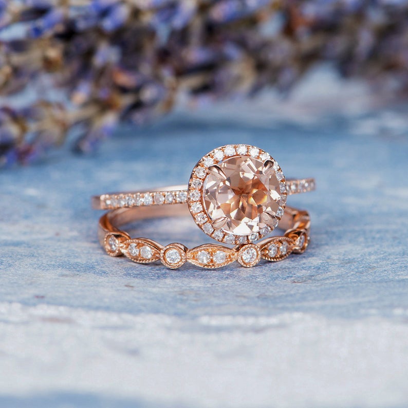 2 CT Round Cut Morganite Diamond 925 Sterling Silver Women Wedding Bridal Set