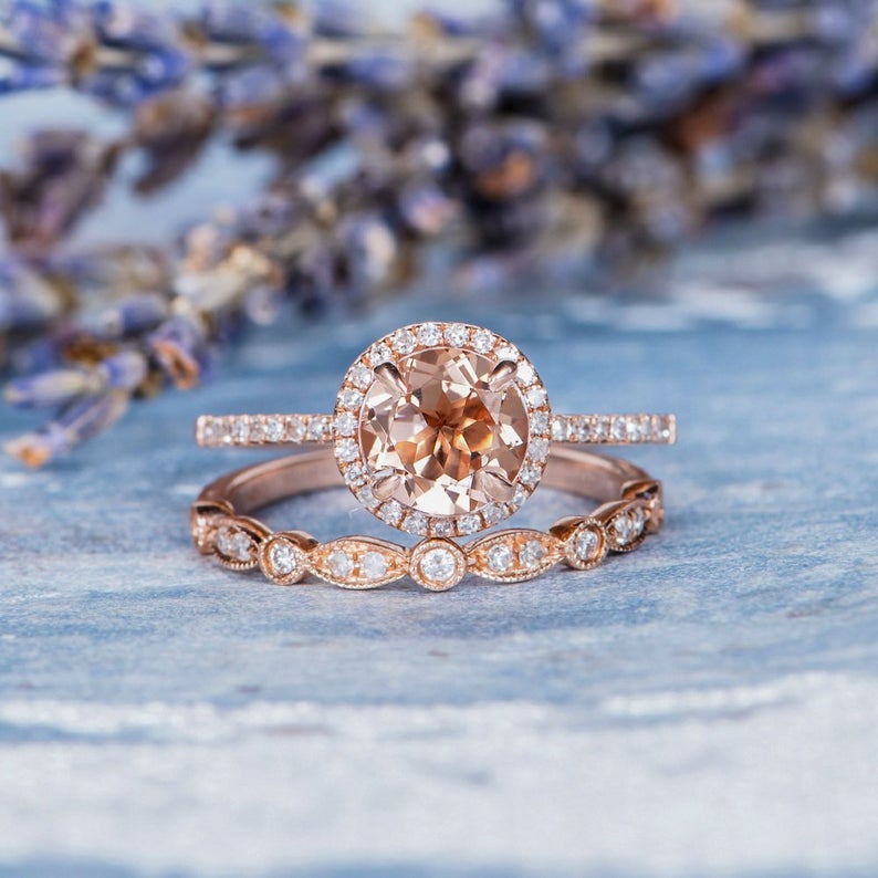 2 CT Round Cut Morganite Diamond 925 Sterling Silver Women Wedding Bridal Set