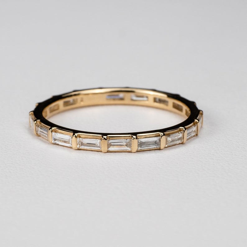 1.50 CT Baguette Cut Diamond Yellow Gold Ove On 925 Sterling Silver Full Eternity Wedding Band ring