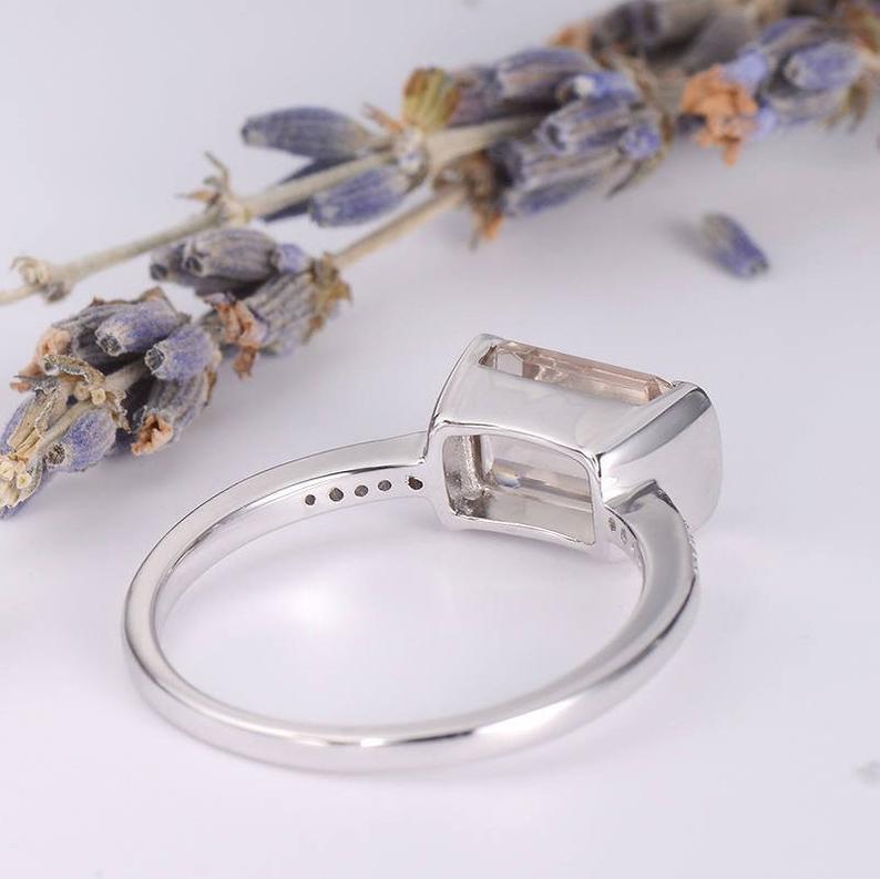 1.50 Ct Emerald Cut Morganite Solitaire W/Accents Engagement Ring In 925 Sterling Silver
