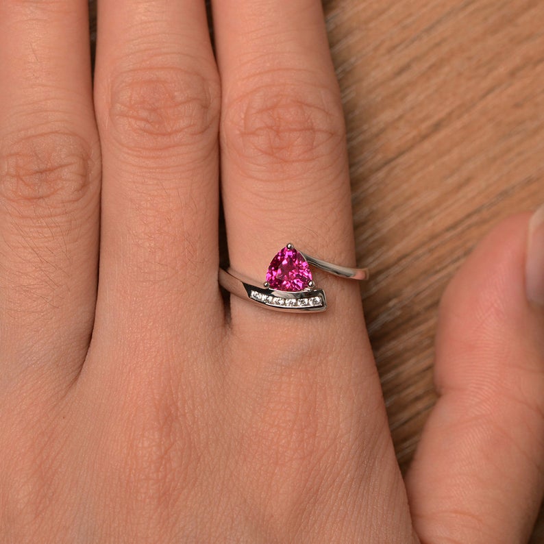 1.20 Ct Trillion Cut Pink Ruby Diamond Solitaire W/Accents Ring In 925 Sterling Silver