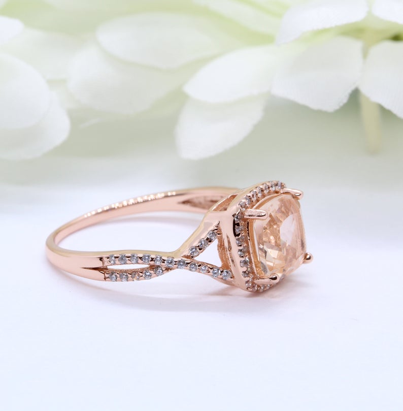 1 CT Cushion Cut Morganite CZ Diamond Rose Gold Over On 925 Sterling Silver Halo Infinity Ring