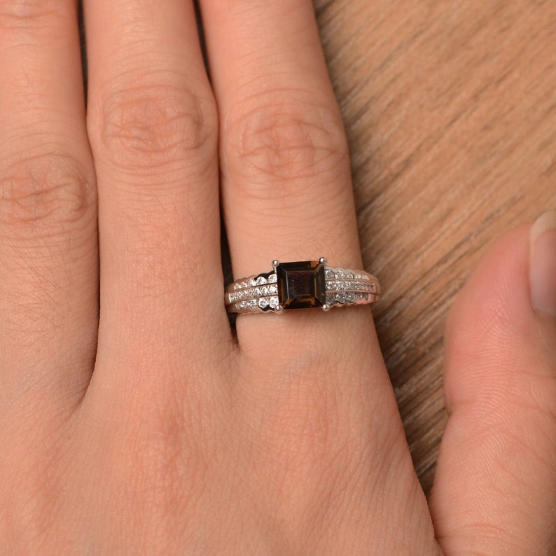 1.50 Ct Princess Cut Smoky Quartz Solitaire W/Accents Engagement Ring In 925 Sterling Silver