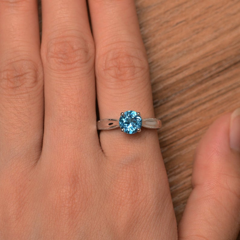 1.25 Ct Round Cut Blue Topaz 925 Sterling Silver Solitaire W/Accents Anniversary Gift Ring For Her