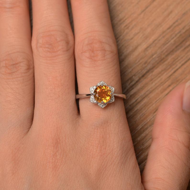 1.50 Ct Round Cut Yellow Citrine 925 Sterling Silver Floral Engagement Ring