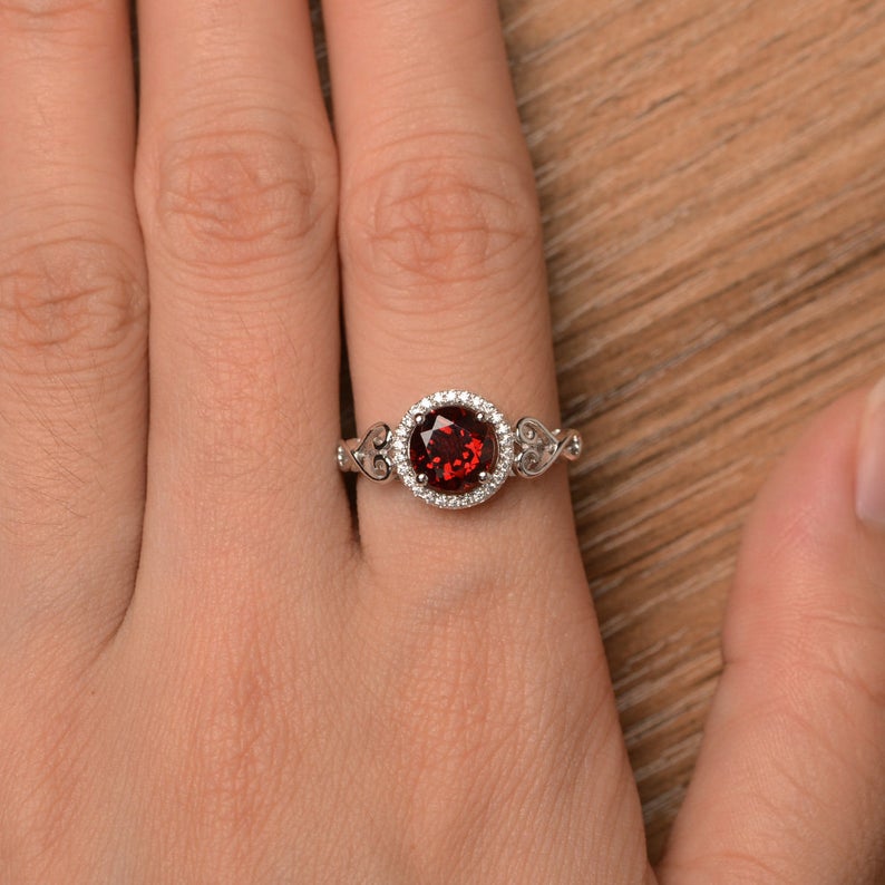 1.20 Ct Round Cut Red Garnet January Birthstone Halo Ring In 925 Sterling Silver