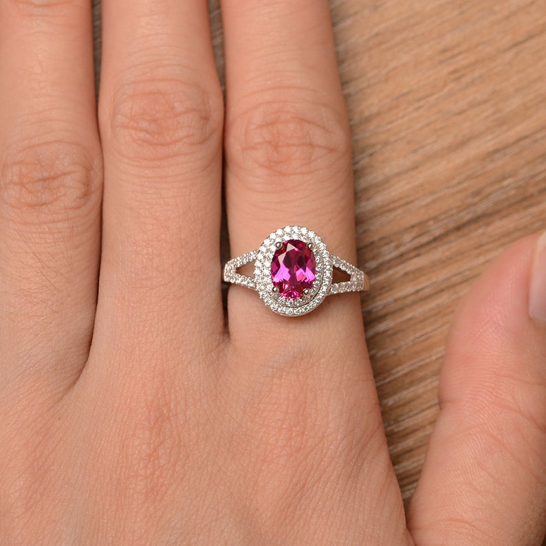 2 CT Oval Cut Red Ruby Diamond 925 Sterling Silver Double Halo July Birthstone Ring