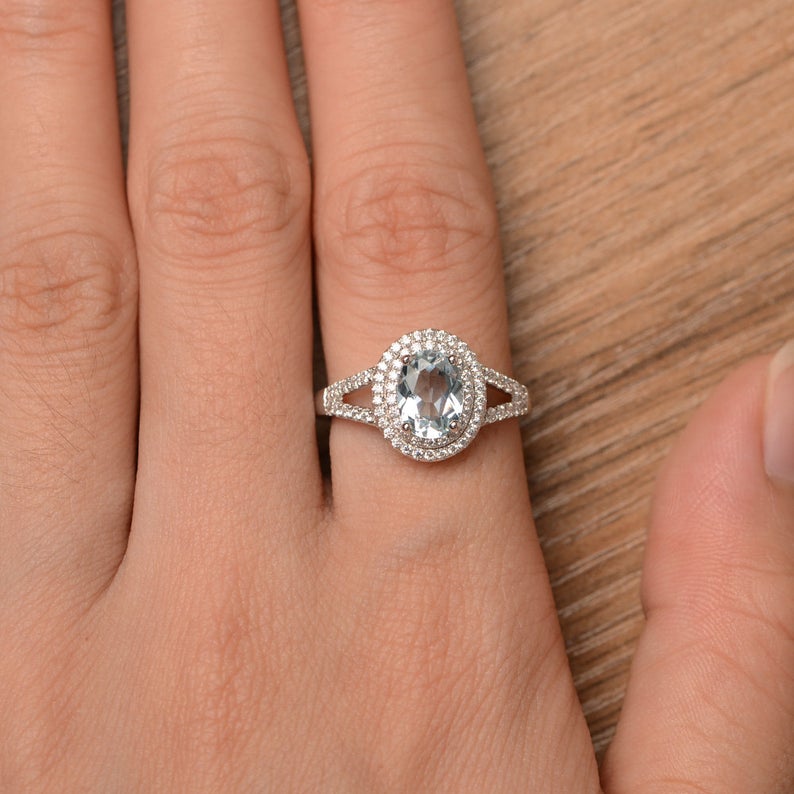 2 CT Oval Cut Aquamarine Diamond 925 Sterling Silver Double Halo March Birthstone Promise Ring