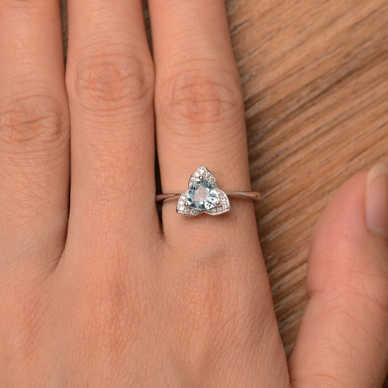 1.20 Ct Trillion Cut Aquamarine Unique Floral Engagement Ring In 925 Sterling Silver
